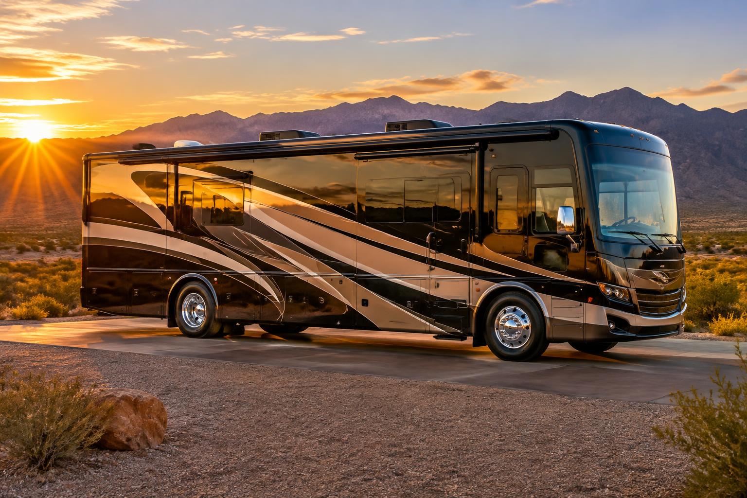 A large motorhome washed and gleaming in the desert at sunset