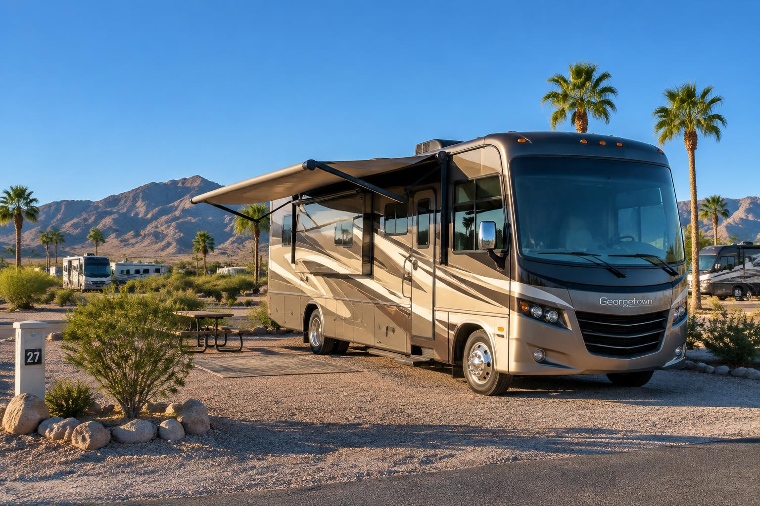 A big motorhome on its site in a desert RV park near Yuma, Arizona